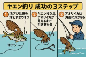 ヤエン成功の3つの鉄則。活アジは頭を落とすまで待つ。アオリイカが見えるまで寄せる 。アオリイカは海面に浮かせる。釣太郎