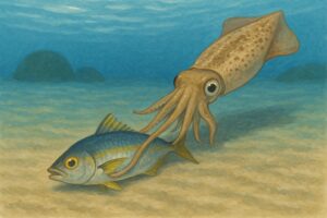 アオリイカは海底近くで待機していますが、 捕食時には一瞬浮上し、上から押さえ込むように襲う生き物です。釣太郎