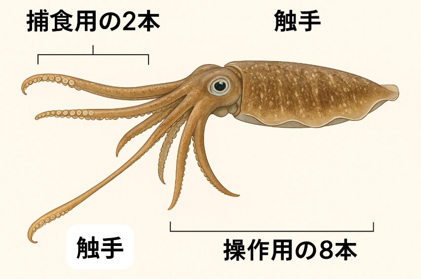 アオリイカの腕は10本あるが、機能は大きく2種類に分かれる。 ・長くて射出できる2本は触腕で、遠くの獲物を一瞬でつかむための捕食特化アーム。釣太郎