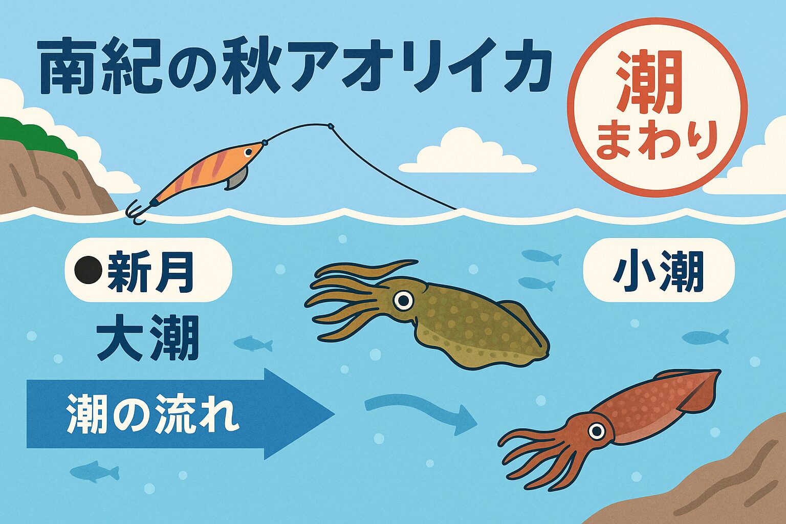 潮が「動く」タイミングが最大のチャンス。
南紀の秋は大潮・中潮の朝夕マズメが鉄板
小潮でも潮のヨレを読めば十分釣果あり.釣太郎