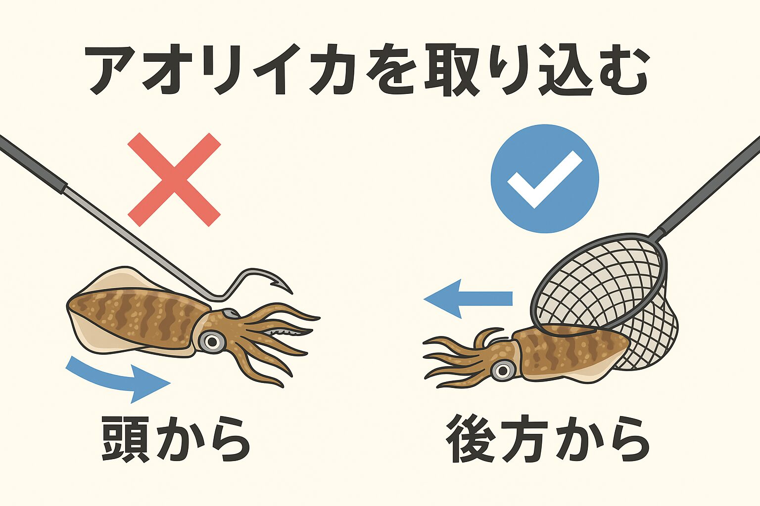 アオリイカの取り込みは頭からがNGでお尻からが鉄則。✔ 頭側に触れる → 噴射逃亡 ✔ 尾側から → 逃げない＋墨被害軽減。釣太郎