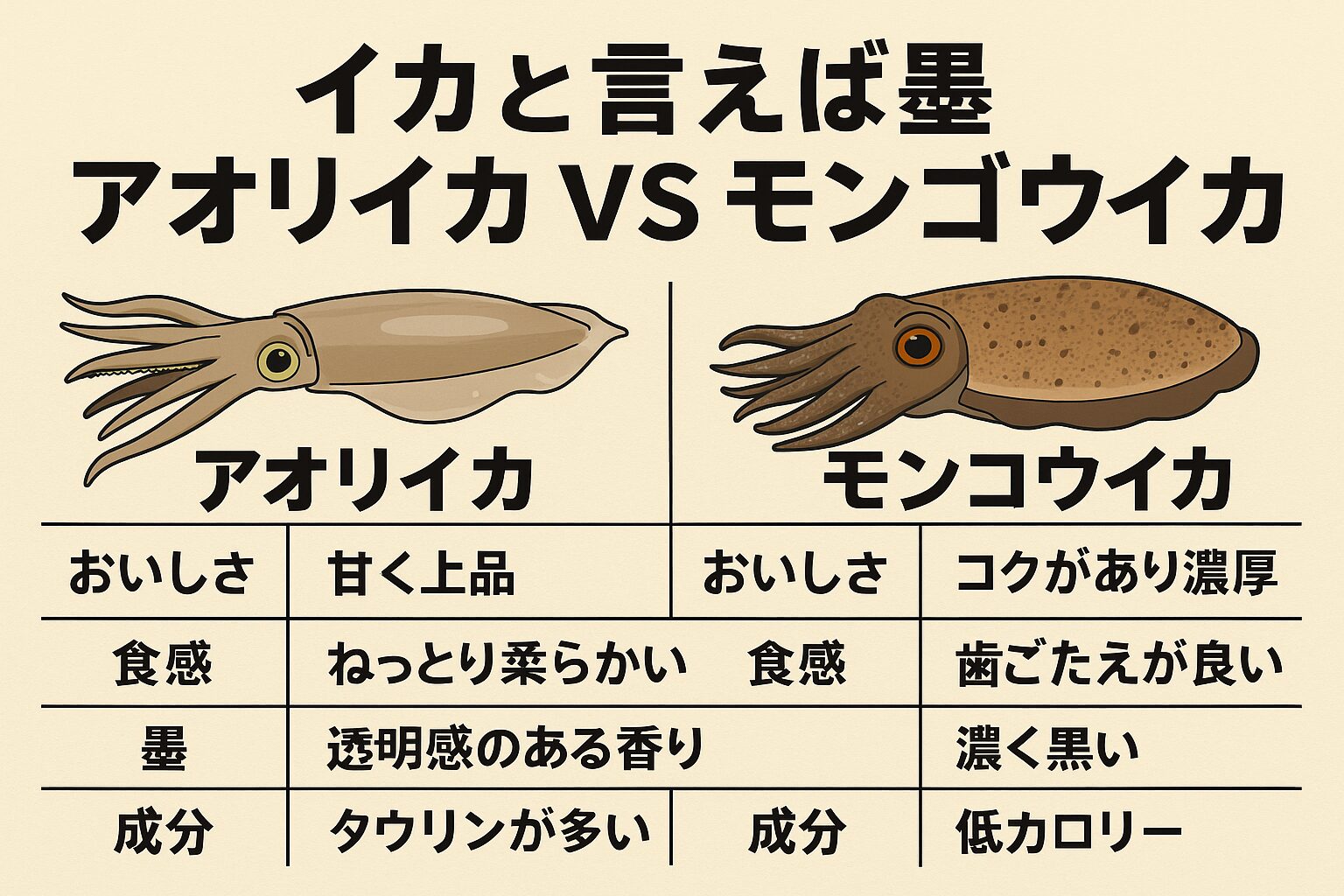 アオリイカは「刺身向き・上品な甘み」。モンゴウイカは「加熱向き・コク深い味」。釣太郎