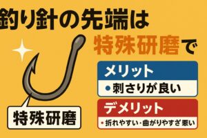 釣り針は、特殊研磨で驚くほど鋭く作られている。刺さりが良い ・掛かりが早い・釣果が伸びるという圧倒的なメリットがある。釣太郎