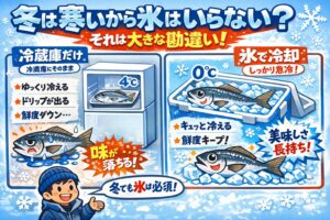 冷蔵庫にそのまま入れるだけでは、魚はゆっくり劣化する。氷で冷やすことで初めて魚の鮮度は守られます。釣太郎