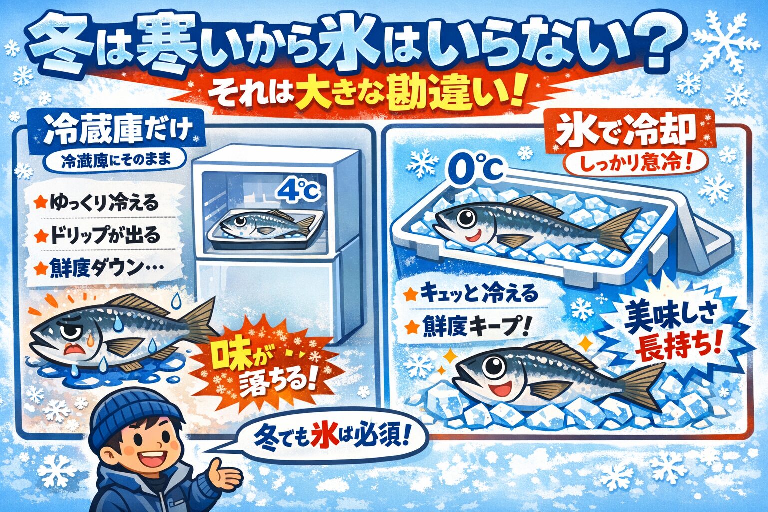 冷蔵庫にそのまま入れるだけでは、魚はゆっくり劣化する。氷で冷やすことで初めて魚の鮮度は守られます。釣太郎