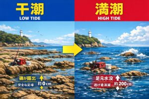 南紀の大潮は干満差2m。干潮から一気に潮が走るスピードは全国屈指。釣太郎
