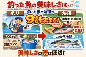 釣り魚を美味しく食べるために。活け締め → ストレスを与えず即死させる。血抜き → 生臭さの元を徹底除去。神経締め → 鮮度を長時間キープ。内臓除去 → 腐敗を防ぐ 適切な冷却 → 0〜4℃をキープ.釣太郎