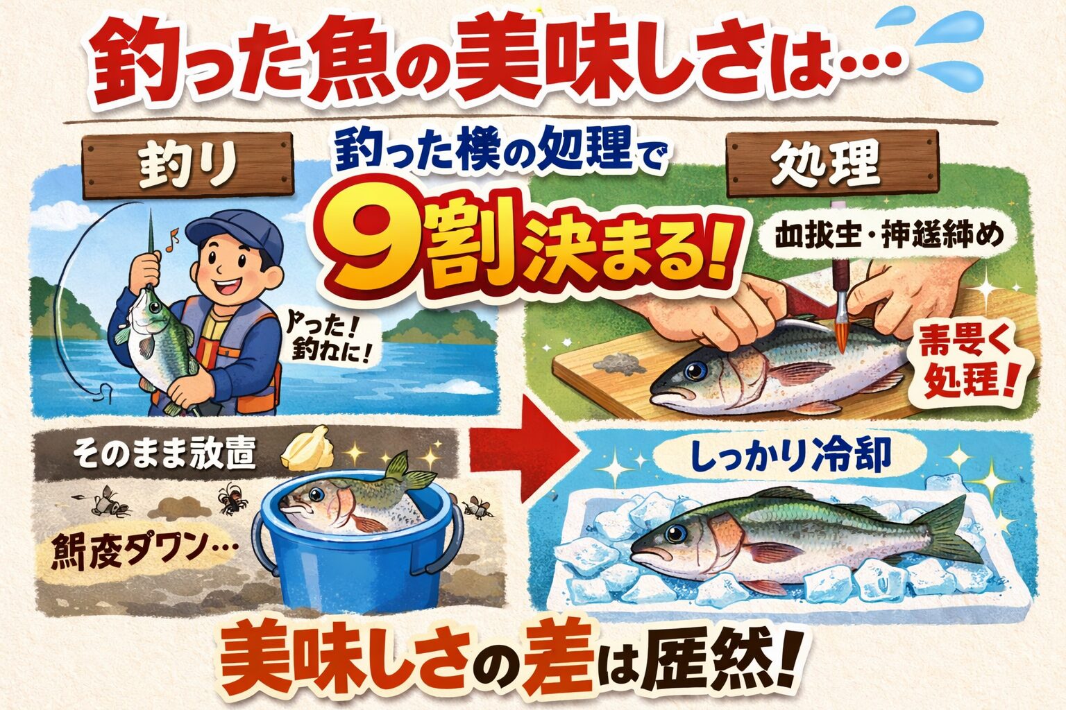 釣り魚を美味しく食べるために。活け締め → ストレスを与えず即死させる。血抜き → 生臭さの元を徹底除去。神経締め → 鮮度を長時間キープ。内臓除去 → 腐敗を防ぐ 適切な冷却 → 0〜4℃をキープ.釣太郎