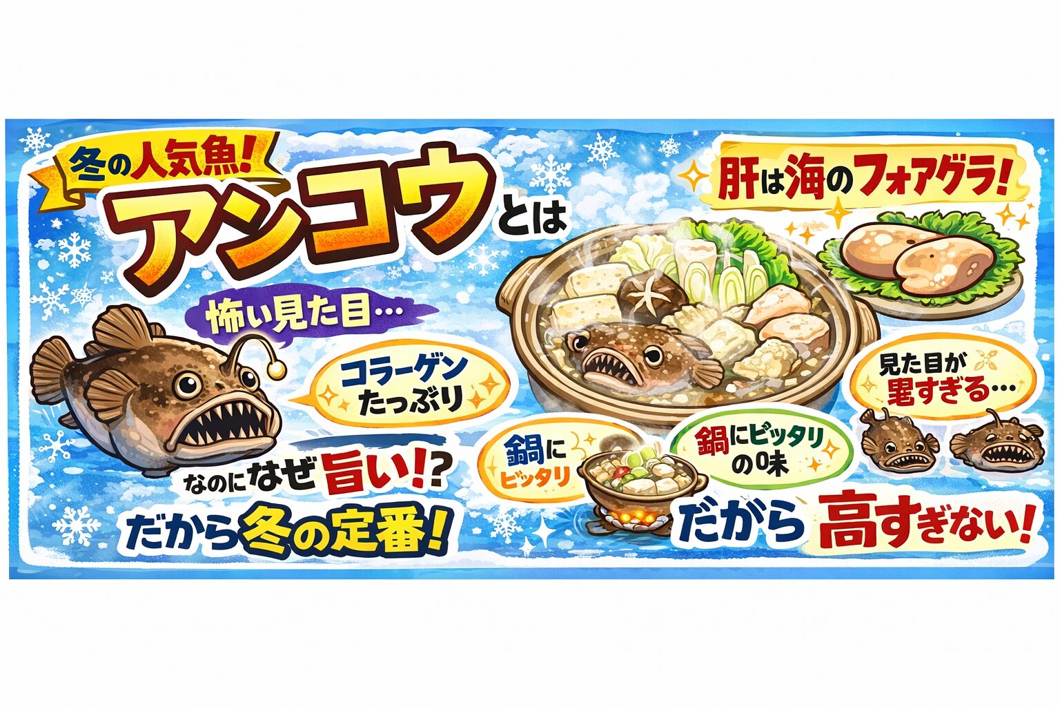 アンコウは冬に脂を溜める待ち伏せ魚・肝が旨味の核心・鍋料理に最適化された生態・見た目と調理難度で高級魚になりにくい・味は間違いなく一級品。釣太郎