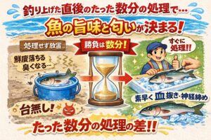 釣り魚種差より処理差――これを忘れず、釣り上げた直後の数分で旨味をロック！海水氷はさらに有効。釣太郎