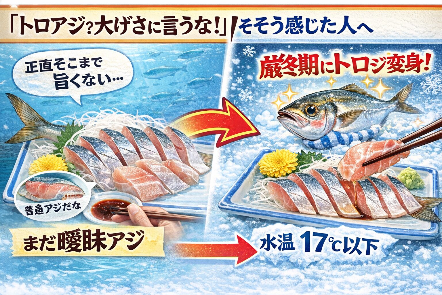 「トロアジなんて大げさに言うな。この前尺アジ釣ったけど大したことなかった。」いえいえ、脂がのるのはこれからの厳冬時ですよ。釣太郎