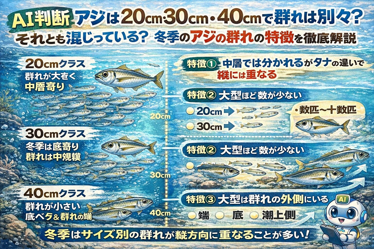 アジの群れは、基本はサイズ別・冬季は縦方向に重なる・大型ほど底・端・少数という特徴を持ちます。釣太郎