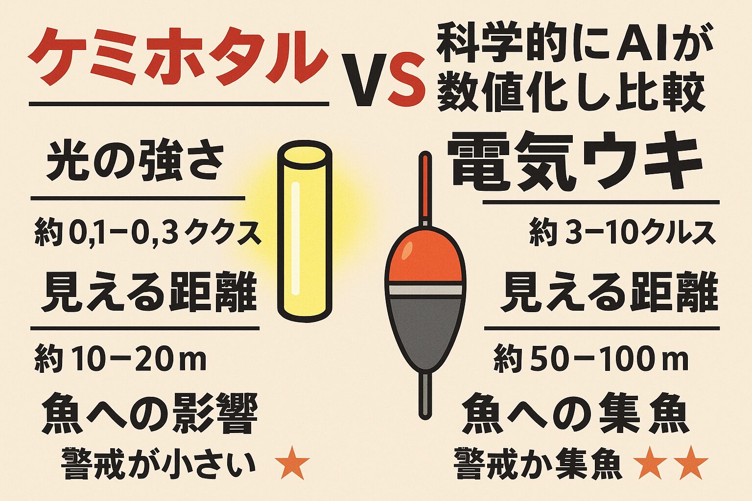 夜釣り、・繊細な釣り → ケミホタル。・視認性重視。→ 電気ウキ。正解は釣り方と魚種で変わる。釣太郎