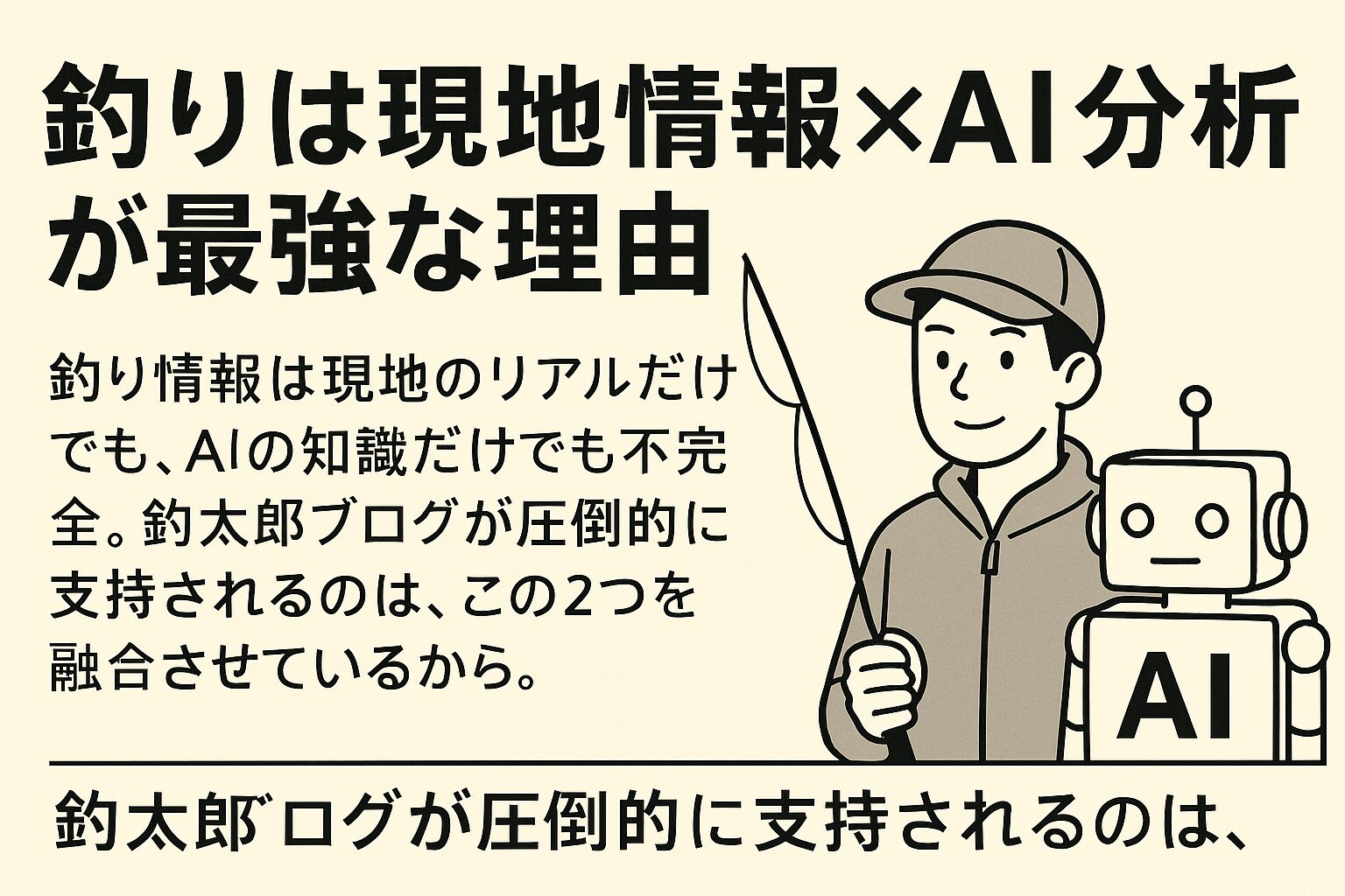 現地情報だけでは再現性が低い・AI分析だけではリアルがない・両者を融合すると「使える情報」になる。釣太郎ブログは現地情報×AI分析を自然に融合させた、これまで存在しなかった釣りメディア