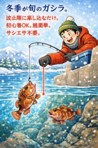 カサゴ（ガシラ）は南紀では一年中波止から狙える人気ターゲット 旬は冬で、お腹がパンパンに張った脂ノリ抜群の個体が狙える マキエサ不要で、防波堤際に仕掛けを落とし込むだけのシンプルな釣り。釣太郎