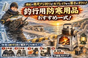 南紀の寒尺アジ釣りは 防寒対策がすべて。 正しい装備があれば 寒さは敵ではなくなります。「寒いから行かない」はもったいない。釣太郎