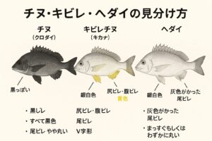 チヌ・キビレ・ヘダイの見分け方説明。釣太郎