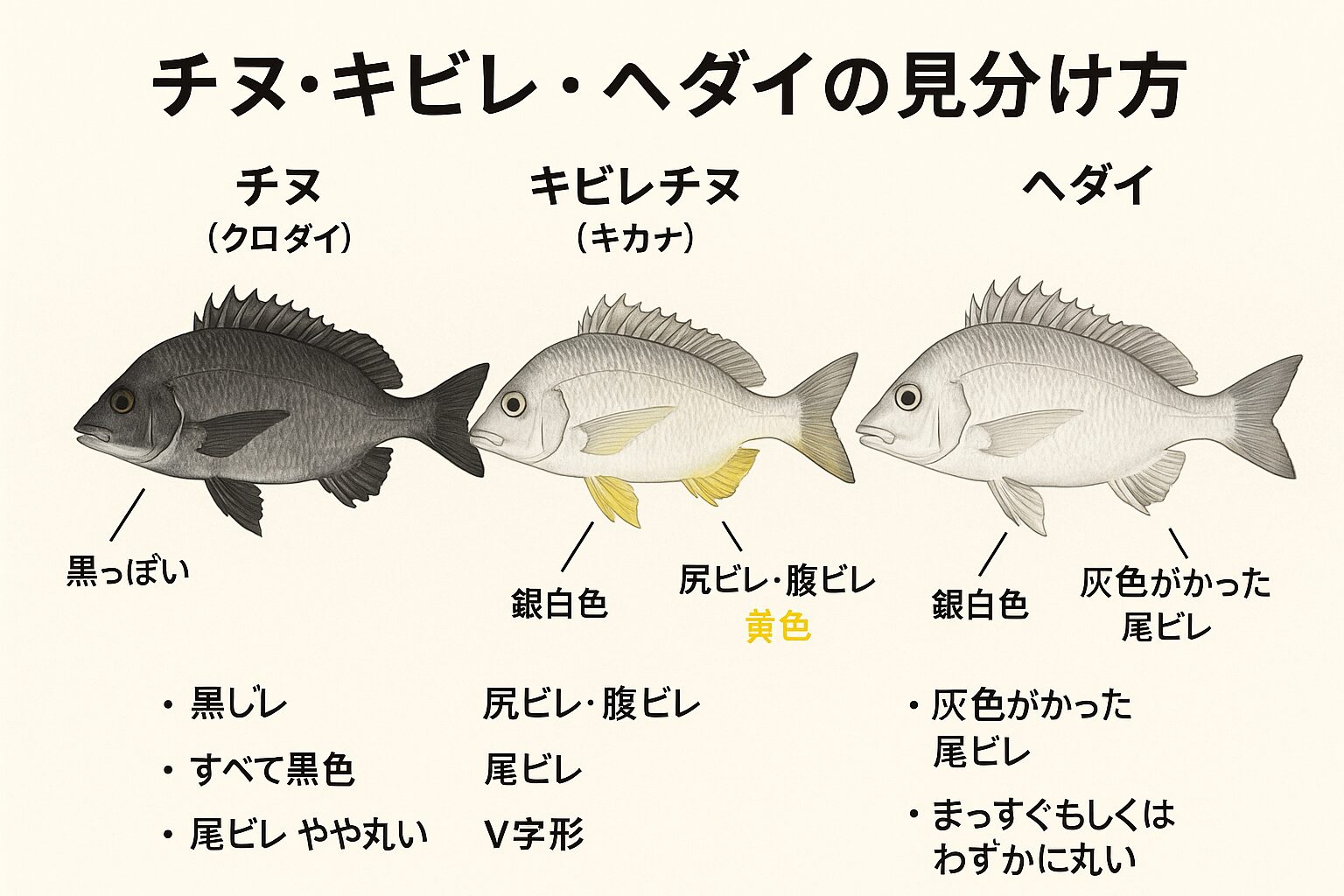 チヌ・キビレ・ヘダイの見分け方説明。釣太郎