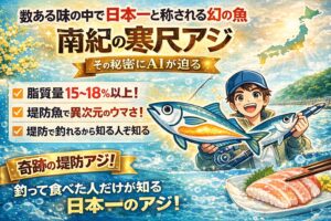 南紀の寒尺アジは日本一と称される理由がある。脂質含有率は最大18％超。動かない戦略で脂を守る・生き残った個体だけが巨大化 ・堤防魚としては異次元の味。釣太郎