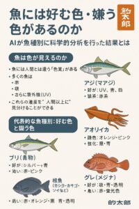 魚は色に反応する。アジはUV、青、白・アオリイカはコントラスト重視・青物はシルバー＋青・グレは自然色を好み派手色を嫌う ・根魚は派手色を好む ・夜釣りは“青と紫外線”が最も強い。釣太郎