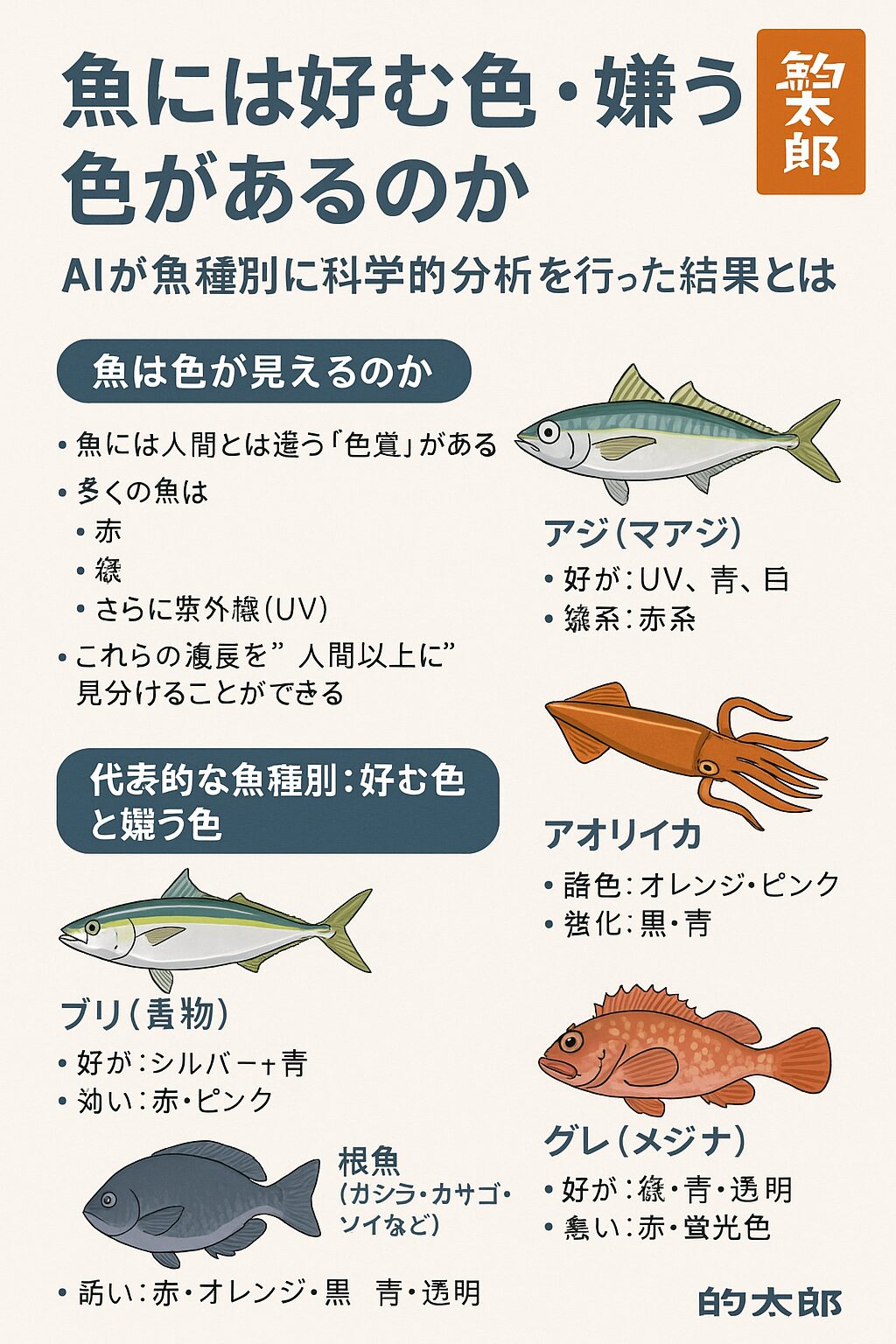 魚は色に反応する。アジはUV、青、白・アオリイカはコントラスト重視・青物はシルバー＋青・グレは自然色を好み派手色を嫌う ・根魚は派手色を好む ・夜釣りは“青と紫外線”が最も強い。釣太郎