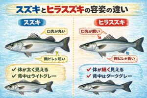 細長くて下アゴに鱗がないのが「スズキ」。 体高があって下アゴに鱗があるのが「ヒラスズキ」釣太郎