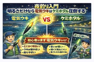 夜釣りで、明るさだけを比較するなら。電気ウキはケミホタルを圧倒します。視認性。安心感。操作性。初心者ほど、電気ウキの恩恵は大きい。釣太郎