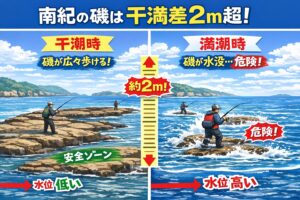 南紀地方の磯は、全国の釣り場と比べても 「干満差が大きい」２Mある。釣太郎