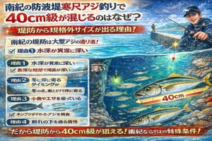南紀の防波堤寒尺アジ釣りで40cm級が混じる理由は・防波堤の水深・大型アジの回遊ルート・冬季の岸寄り行動・小魚の豊富さ・サイズ別の行動差。釣太郎