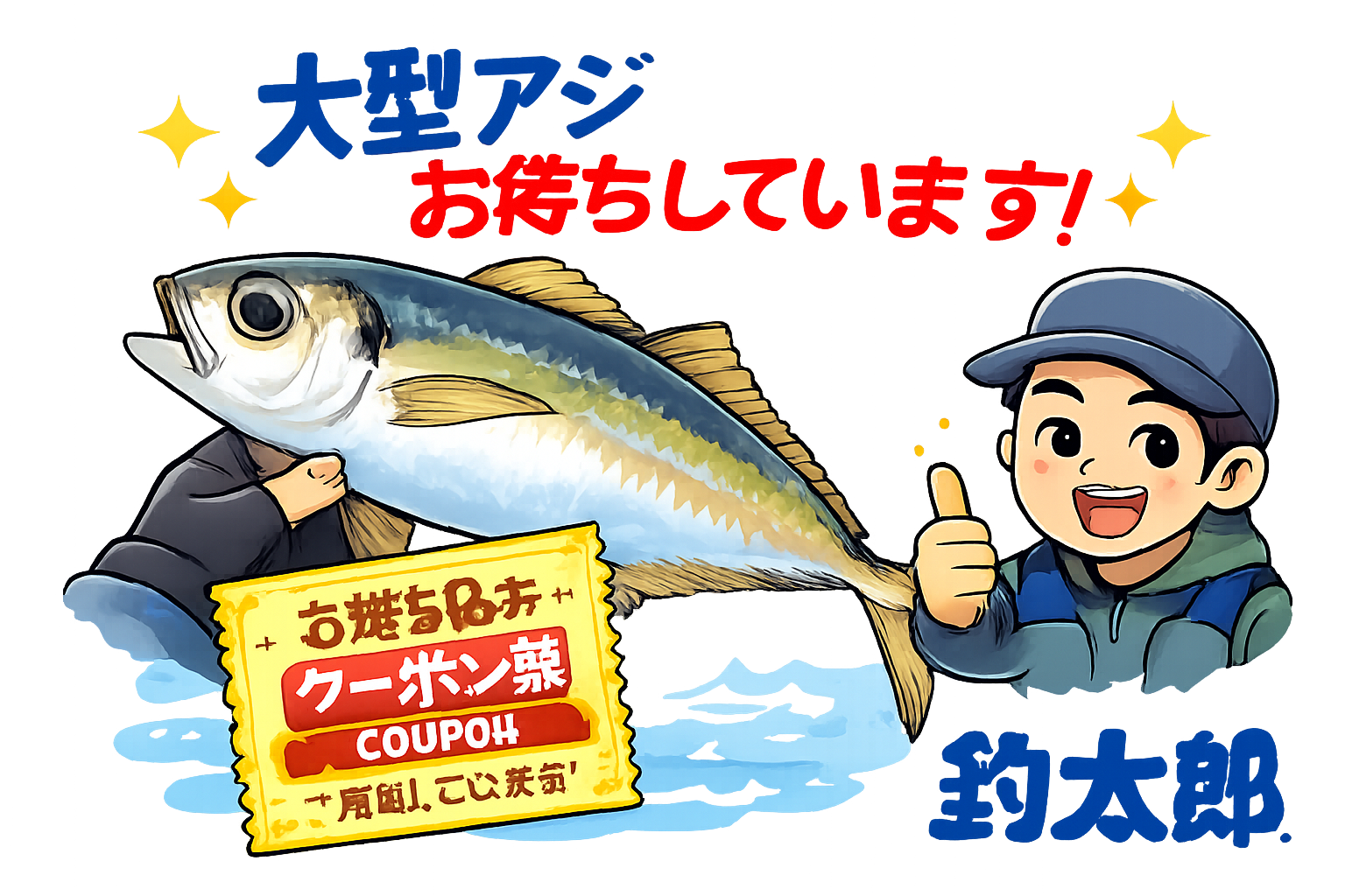 大型アジ（尺、ギガ）、お持ち込みクーポン券ご用意してお待ちしています。釣太郎