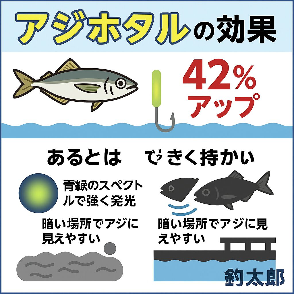 ルミカ、アジホタルの最大効果 → 42％アップ・平均的な上昇率 → 15〜28％・満月や明るい港では効果が低下・濁り潮・暗い堤防では強烈に効く。釣太郎