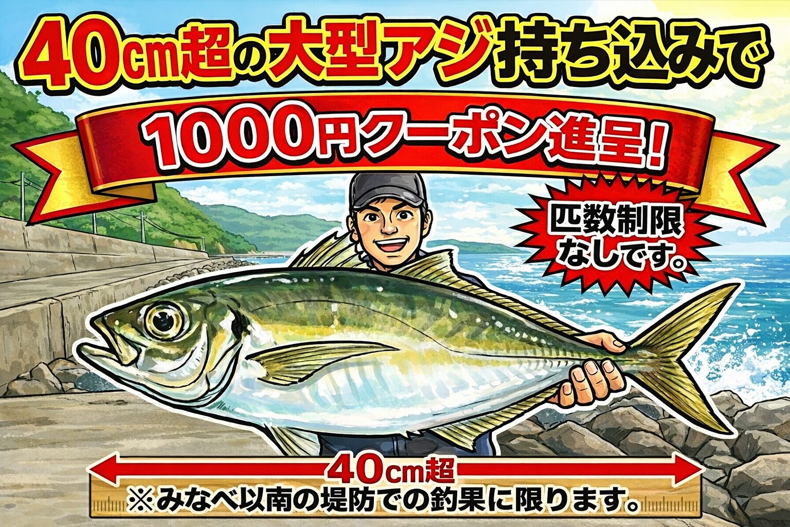 30センチアジは100円、40㎝は1000円クーポン券進呈中！お持ち込み釣果。釣太郎