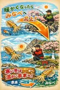 南紀のアオリイカ寒い冬は、温かい串本へ。暖かくなったら、みなべへ北上する。釣太郎