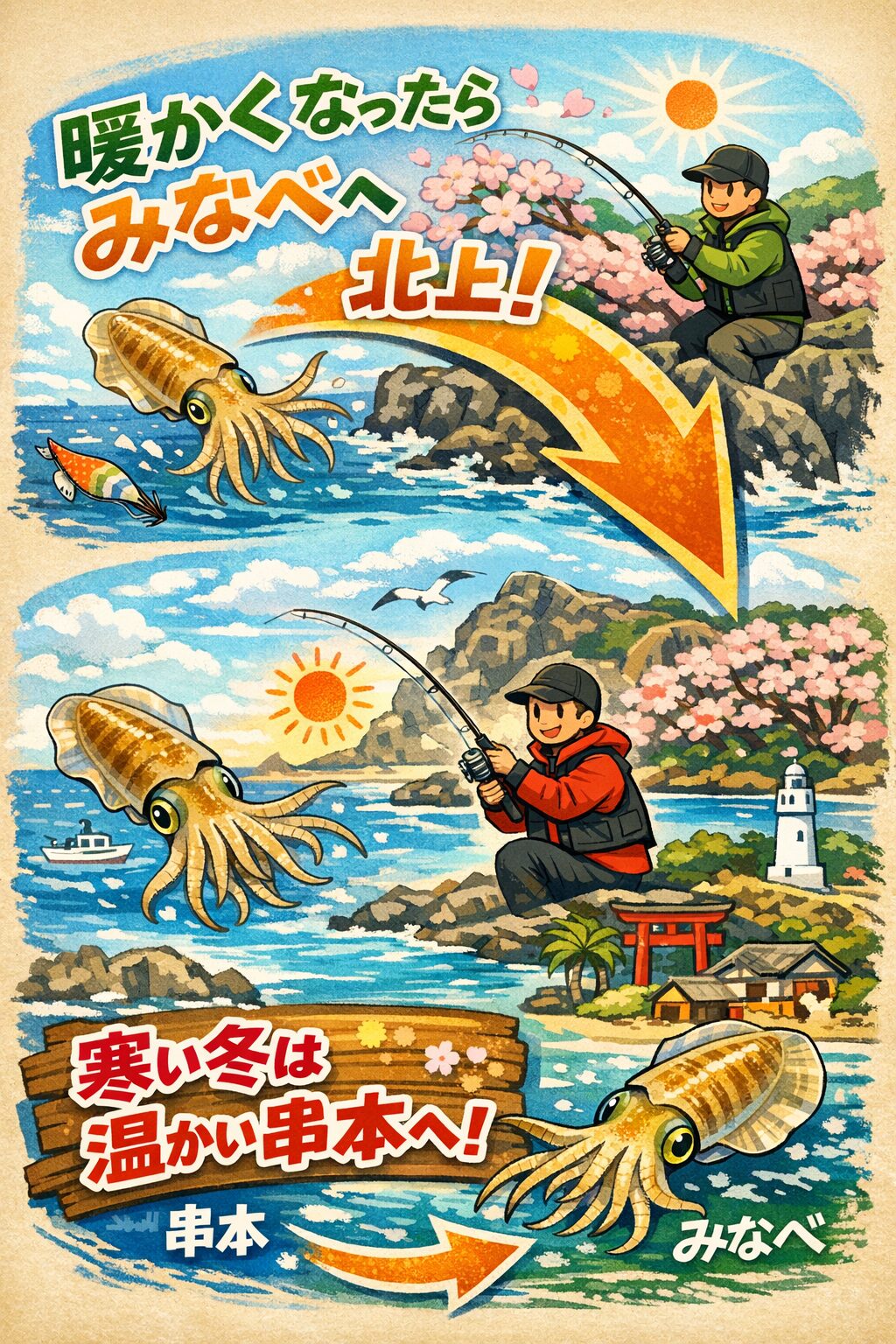 南紀のアオリイカ寒い冬は、温かい串本へ。暖かくなったら、みなべへ北上する。釣太郎