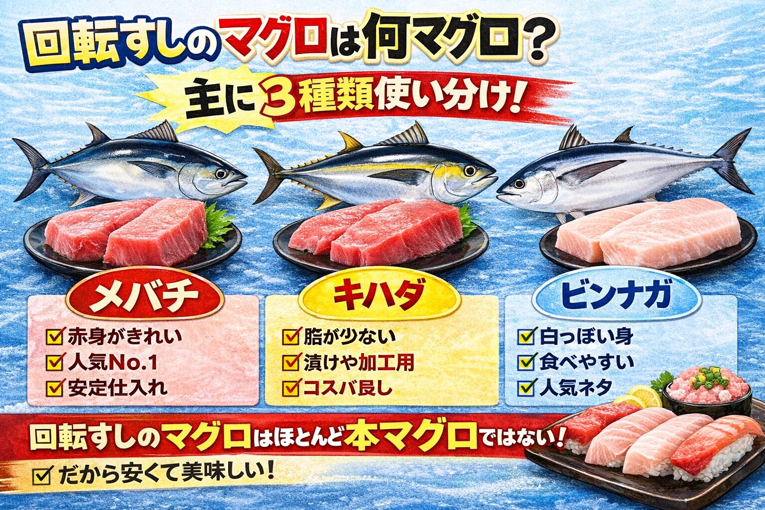 回転すしのマグロは、 主にメバチ。キハダ。 ビンナガ。本マグロは、ごく一部の限定ネタ。釣太郎
