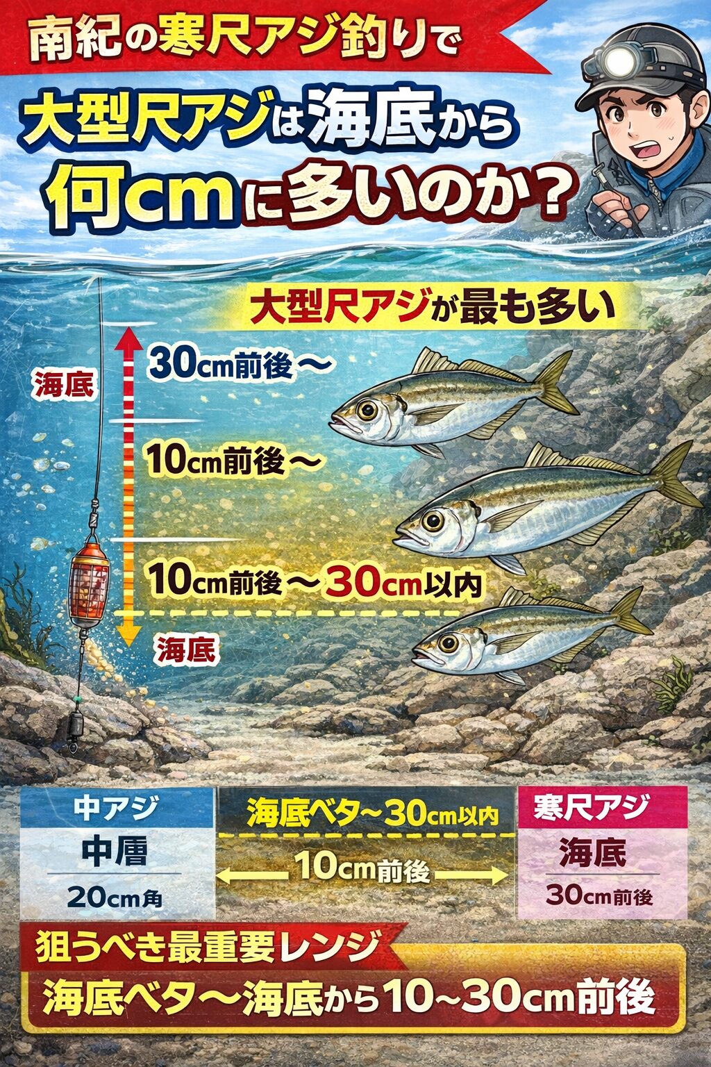 南紀の寒尺アジ大型は 海底から0〜30cm。最も多いのは10〜20cm 。中層で釣れるのはほぼ中アジ。尺狙いは底の底を丁寧に。これを意識するだけで寒尺アジの遭遇率は確実に変わります。釣太郎