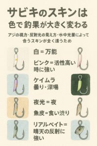 サビキ仕掛けのスキン、白＝万能・ピンク＝活性高い時に強い・ケイムラ＝曇り・深場 ・夜光＝夜・魚皮＝食い渋り・リアルベイト＝晴天の反射に強い。釣太郎