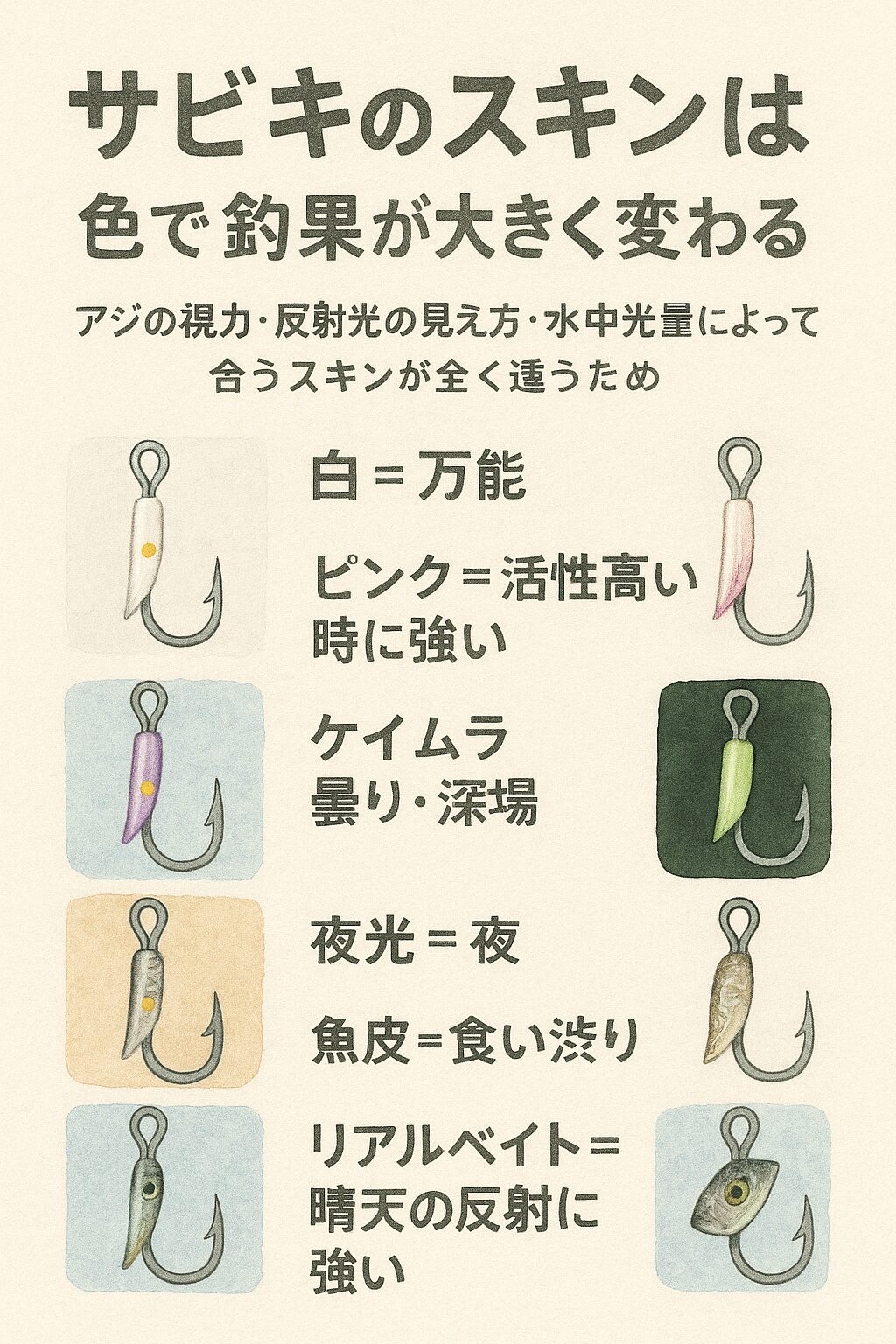 サビキ仕掛けのスキン、白＝万能・ピンク＝活性高い時に強い・ケイムラ＝曇り・深場 ・夜光＝夜・魚皮＝食い渋り・リアルベイト＝晴天の反射に強い。釣太郎