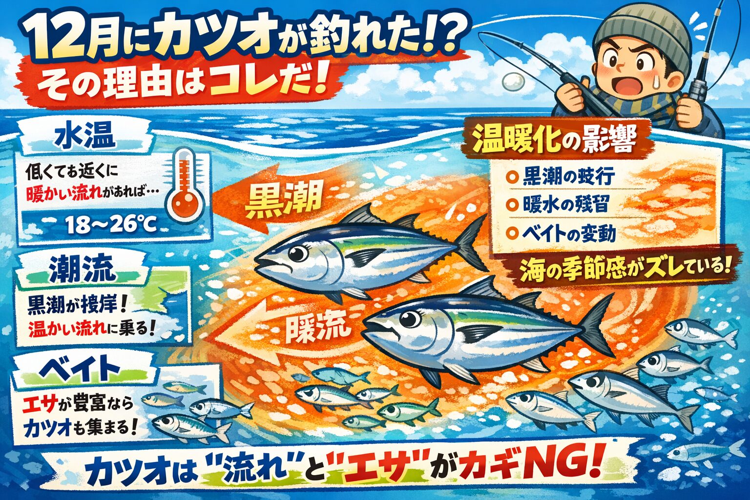 温暖化は直接ではなく 間接的に海のリズムを変えています。カツオは水温ではなく流れとエサで動く魚。釣太郎