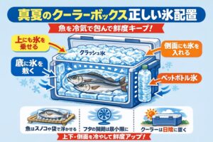 真夏でも魚を冷やす“黄金レイアウト” 底に海水氷を作る。魚を海水氷に沈める。魚の上に板氷を置く（最重要）。隙間にロックアイスを詰める.真夏日・猛暑でも確実に魚を冷やす「クーラーボックス内の氷配置方法」釣太郎