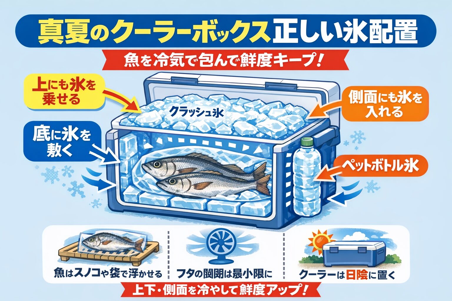 真夏でも魚を冷やす“黄金レイアウト” 底に海水氷を作る。魚を海水氷に沈める。魚の上に板氷を置く（最重要）。隙間にロックアイスを詰める.真夏日・猛暑でも確実に魚を冷やす「クーラーボックス内の氷配置方法」釣太郎