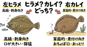 今晩のおかずに、刺身が食べたいなら「左のヒラメ」、煮付けが食べたいなら「右のカレイ」釣太郎の魚の見分け方。