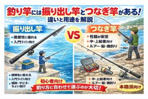 釣り竿には、振り出し竿とつなぎ竿があります。振り出し竿は、入門向けで扱いやすい竿。つなぎ竿は、性能重視で本格派向けの竿。釣太郎