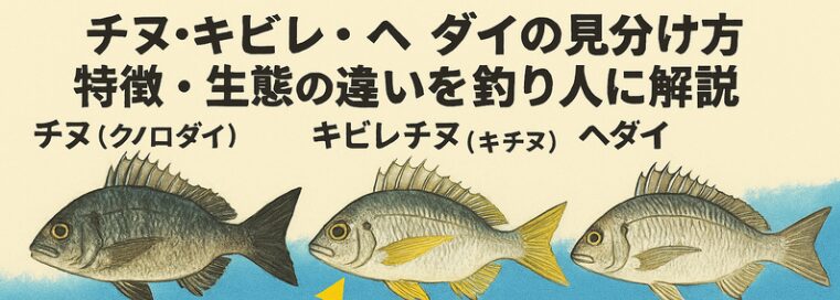 チヌは黒、キビレは黄、ヘダイは白で見分ける。チヌは磯、キビレは河口、ヘダイは外洋寄りを好む。味の傾向は、チヌ＝濃厚、キビレ＝中間、ヘダイ＝淡白。初心者でも、ヒレの色を見れば一瞬で判断できる。釣太郎