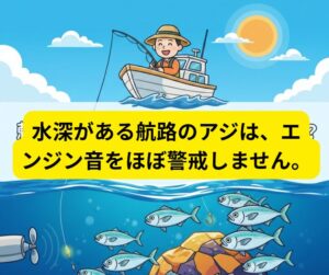 航路のように水深がある場所なら、エンジン音だけでアジが全くいなくなることは稀。釣太郎