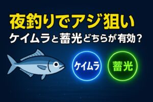 夜釣りでアジ狙い、ケイムラは自然光の延長でアジに馴染む。蓄光はアピール力は強いが強すぎると嫌われる。釣太郎