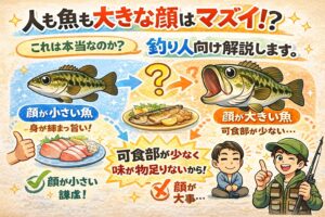 顔が大きい魚は可食部が少ない。成長途中で水っぽい個体が多い。顔が小さい魚は筋肉量が多く旨味が濃い。釣太郎