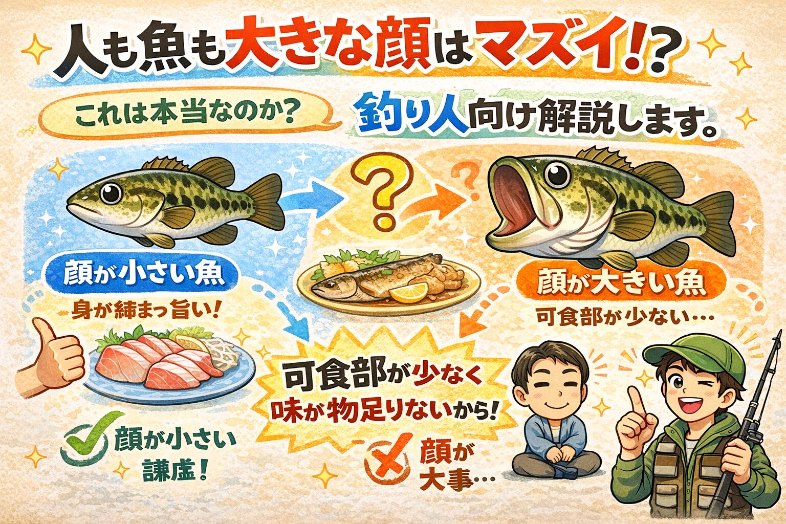 顔が大きい魚は可食部が少ない。成長途中で水っぽい個体が多い。顔が小さい魚は筋肉量が多く旨味が濃い。釣太郎
