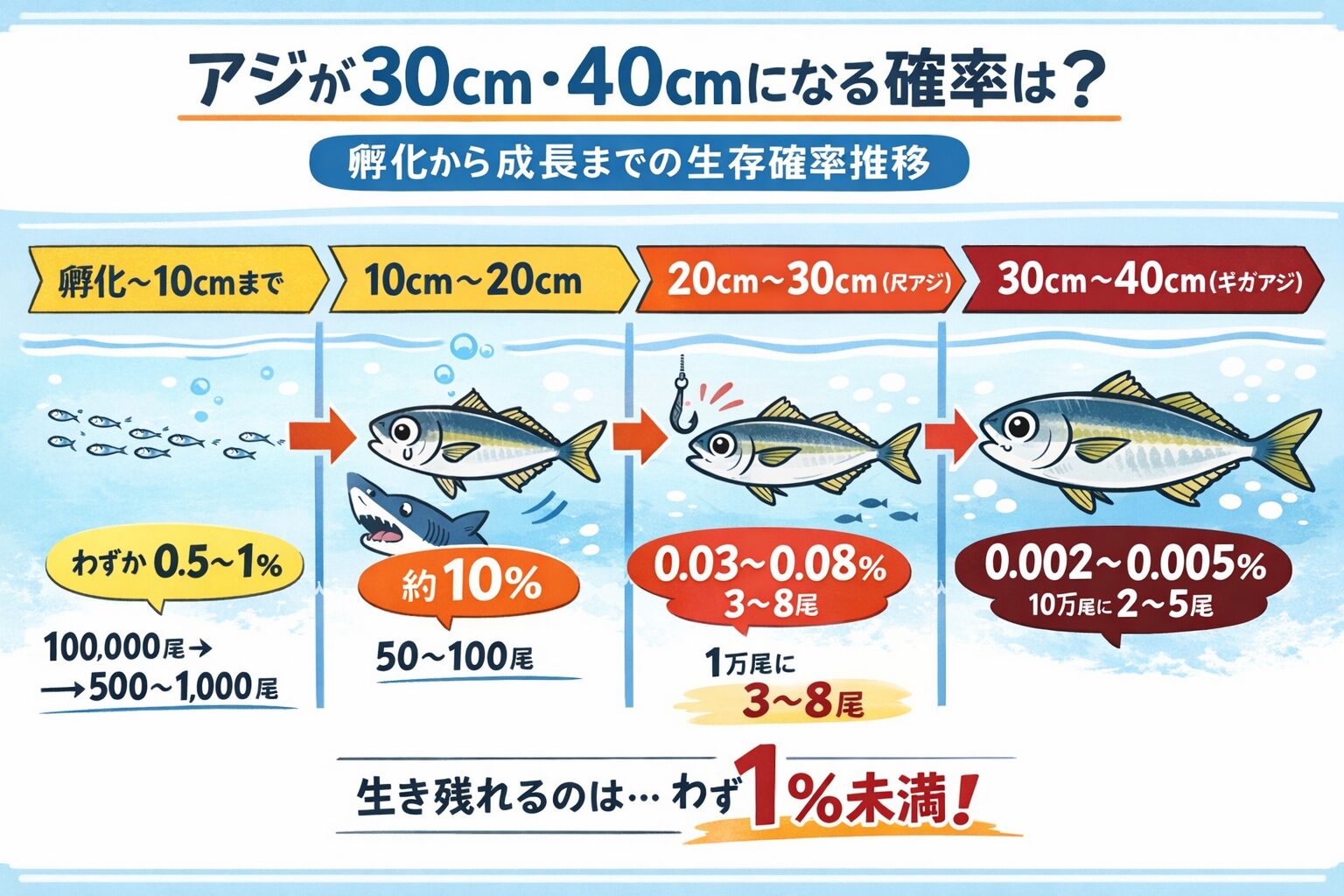 孵化から30cm尺になる確率は約0.03〜0.08％。孵化から40cmギガになる確率 約0.002〜0.005％。尺アジもギガアジも、 偶然ではなく、生き残りの結晶。釣太郎