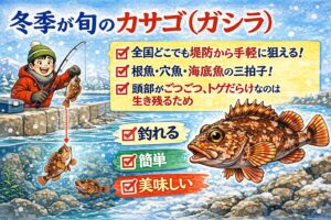 カサゴ（ガシラ）は 冬が旬の代表魚。全国どこでも堤防から狙えます。根魚であり穴魚であり海底魚。頭部のゴツゴツとトゲは 生き残るための進化.釣太郎